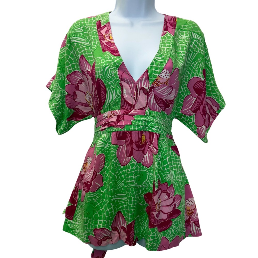 Lilly Pulitzer Women's Size S Green Pink Floral Print Kimono Top Blouse